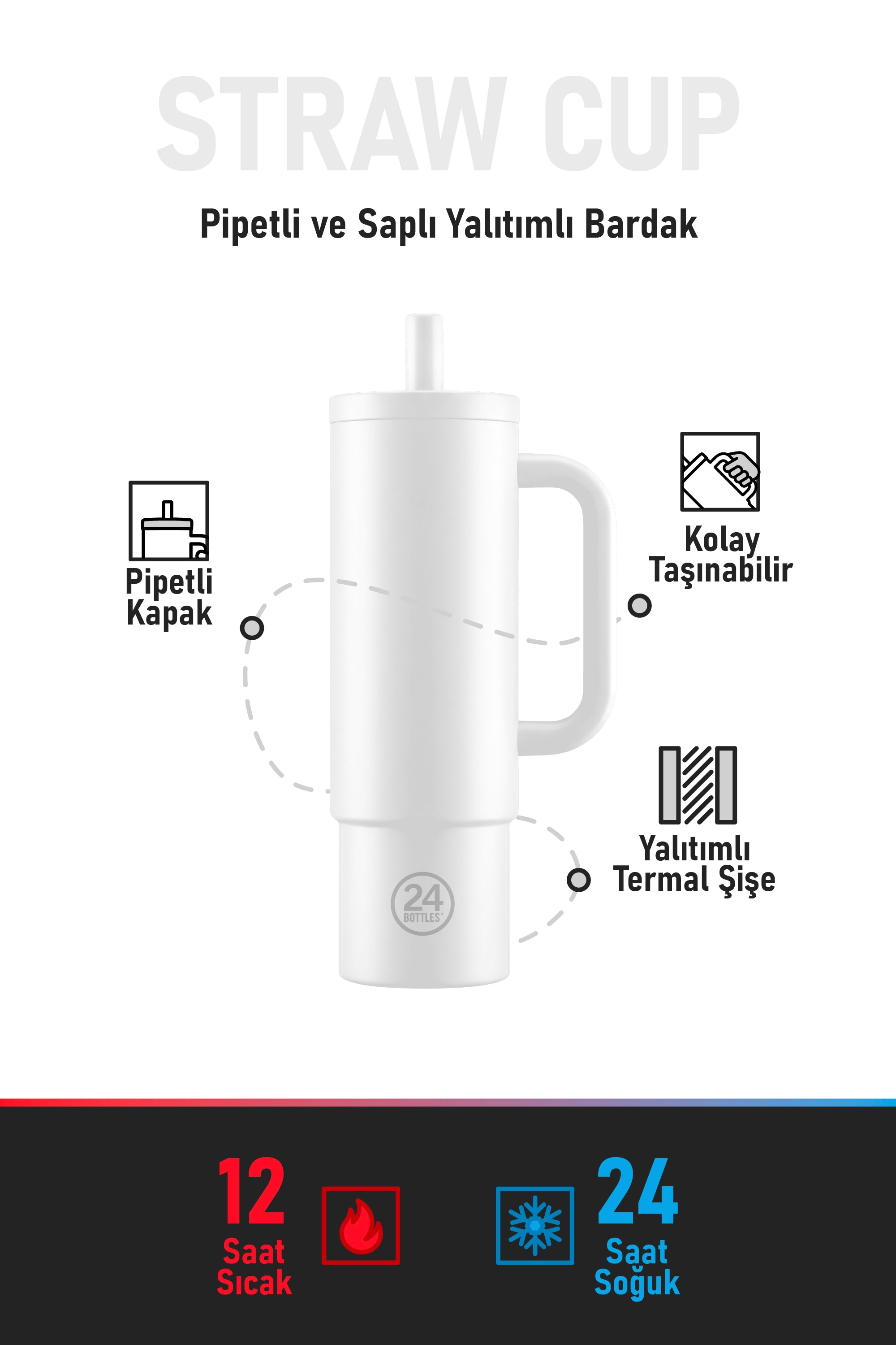 Straw Cup Tuxedo Black Pipetli Paslanmaz Çelik Termos 800 ml